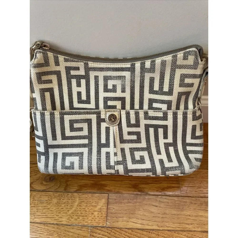 SPARTINA City Market Dixie Shoulder Bag De Renne Gray‎ Cream White Linen Leather